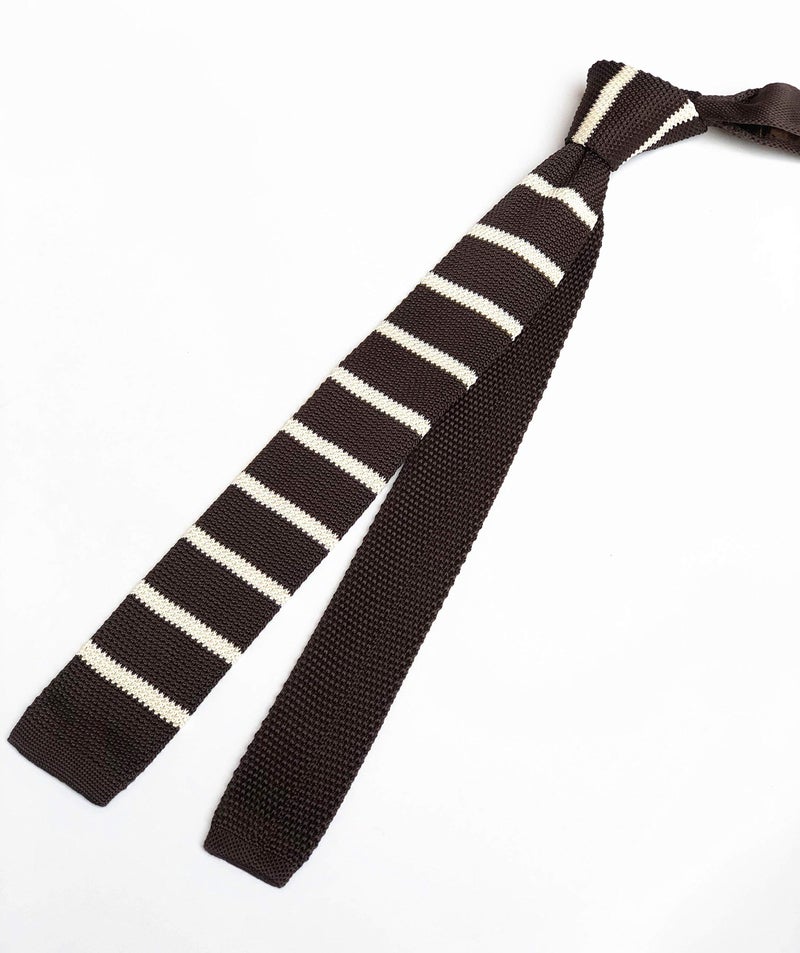 Secdtie Men's Big Boys Preppy Wide Briton Stripe Dark Brown Knitted Tie White Novelty Necktie with Flat Bottom - Image 4